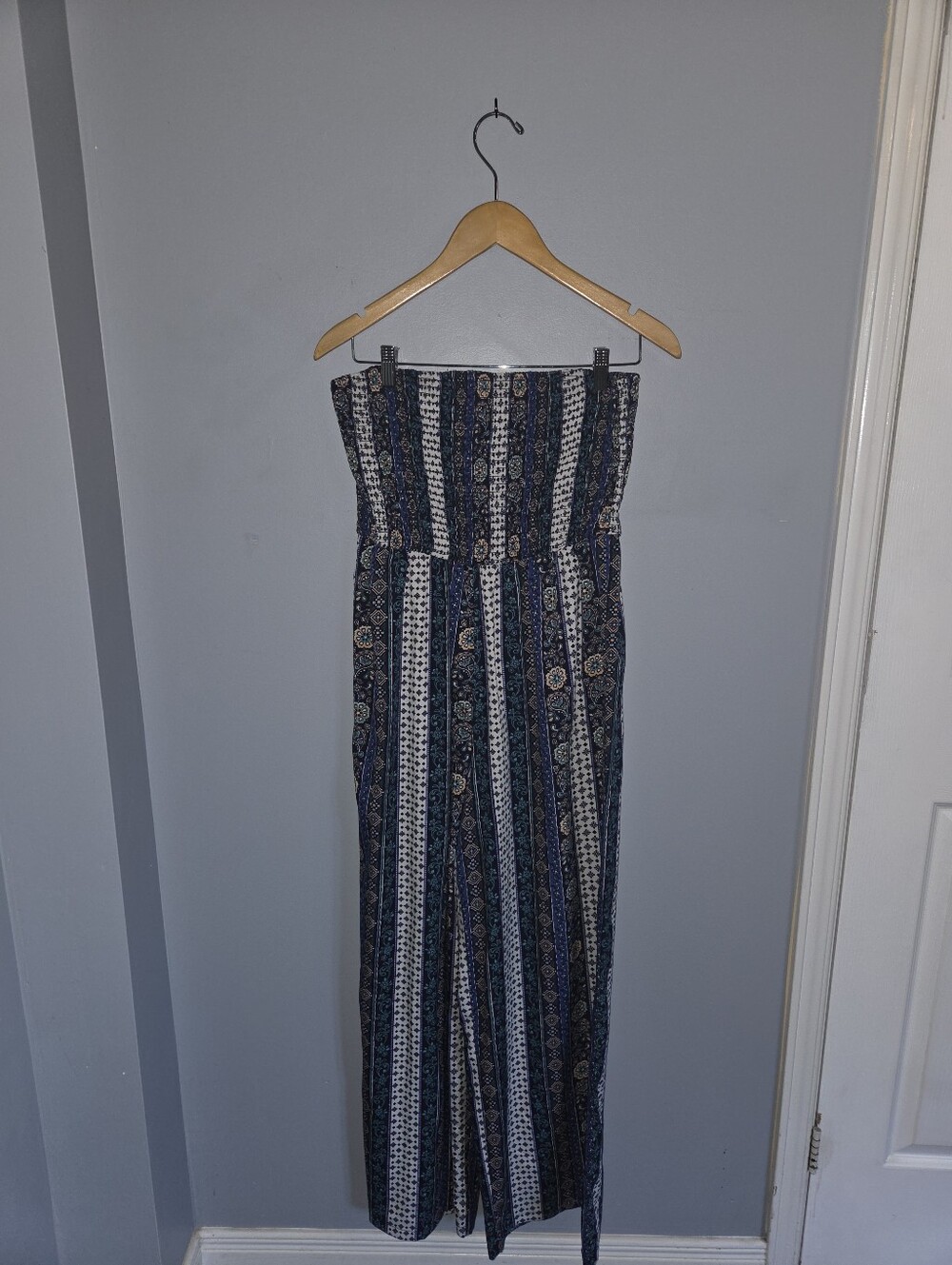 Striped Bohemian Strapless Jumpsuit in Navy and White